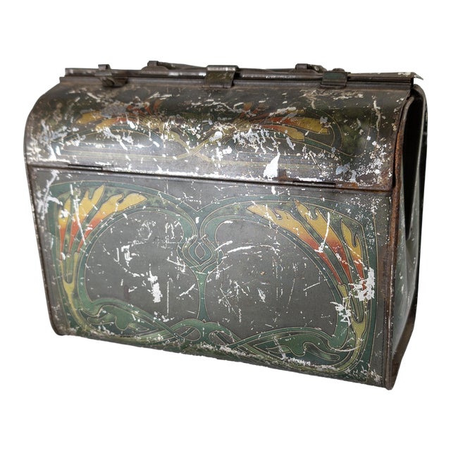 Early 20th Century English Art Nouveau Style Briefcase Form Biscuit Tin For Sale