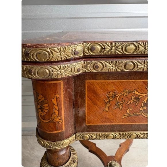 French 19th-Century French Louis XVI-Style Marquetry Game Table With Brass Ormolu Trim For Sale - Image 3 of 12
