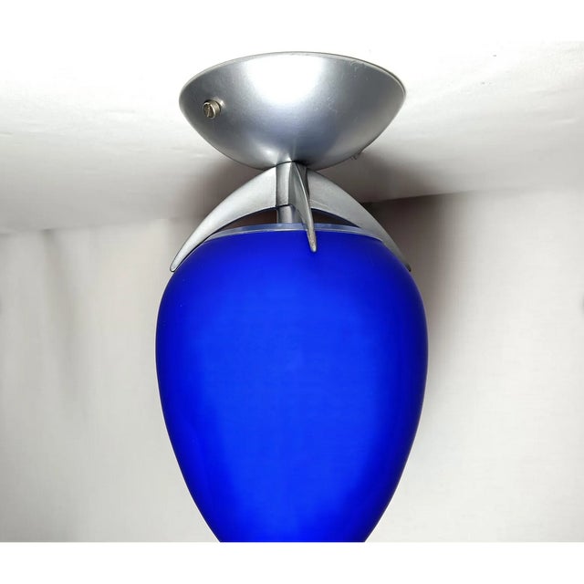 Metal Vintage Ceiling Light in Opaline Cobalt Blue Glass, 1980s For Sale - Image 7 of 9