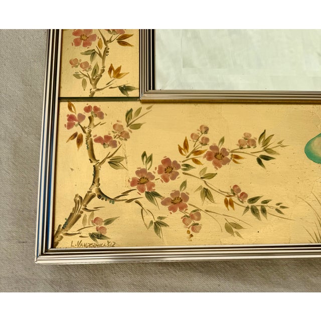 1980s 1982 LaBarge Chinoiserie Églomisé Decorated Wall Mirror, Signed L. Vanderhill For Sale - Image 5 of 11