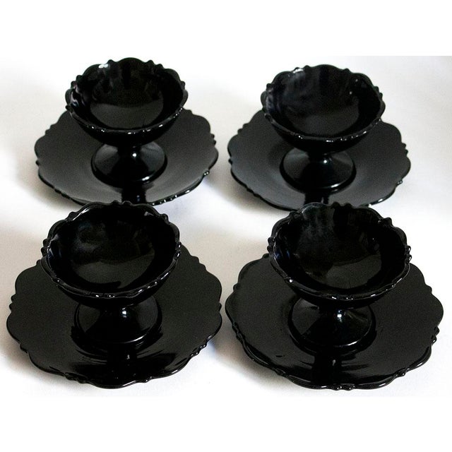Vintage Black Depression Glass Sherbet Dishes & Saucers Set of 4
