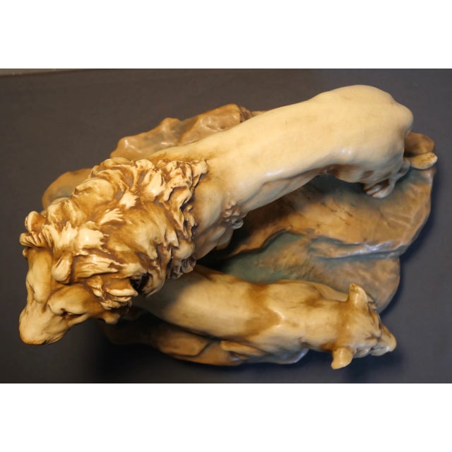 1900 - 1909 Circa 1900 Austrian Art Nouveau Theodore Schoop for Bernard Bloch Porcelain Lion and Lioness on Rock Figural Group Sculpture For Sale - Image 5 of 12