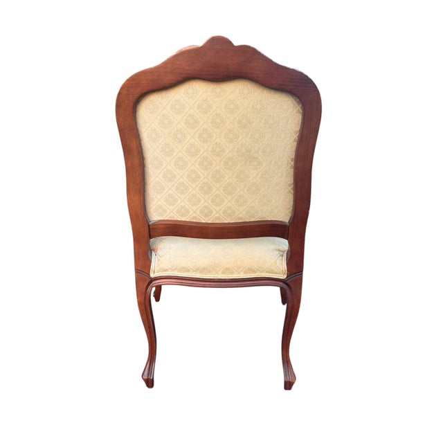 Wood Ethan Allen French Louis XV Style Carved Cherry Armchair in Cream Damask For Sale - Image 7 of 11