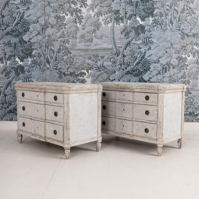 Wood Pair of 19th C. Swedish Gustavian Breakfront Commodes in Original Soft Gray Paint For Sale - Image 7 of 14