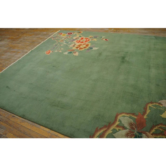 1930s Green Open Floral Antique Chinese Art Deco Carpet 8' 7" X 11' 4" Knotted Pile Wool Rug For Sale - Image 11 of 12