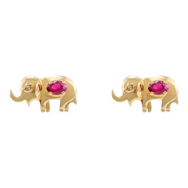 18k Solid Gold Art Deco Elephant Earrings With Ruby & Diamonds- A Pair For Sale