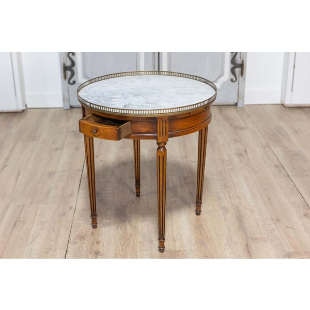 Mid 20th Century French Louis XVI Style Walnut Bouillotte Table with Marble Top and Brass Gallery For Sale - Image 4 of 10