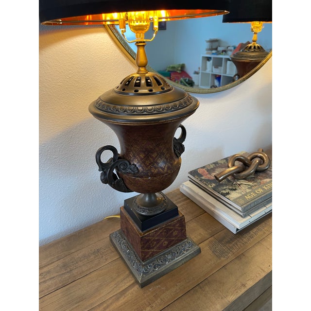 Gold Mid 20th Century Vintage Bronze Urn Table Lamps With Red and Gold Detailing - a Pair For Sale - Image 8 of 11