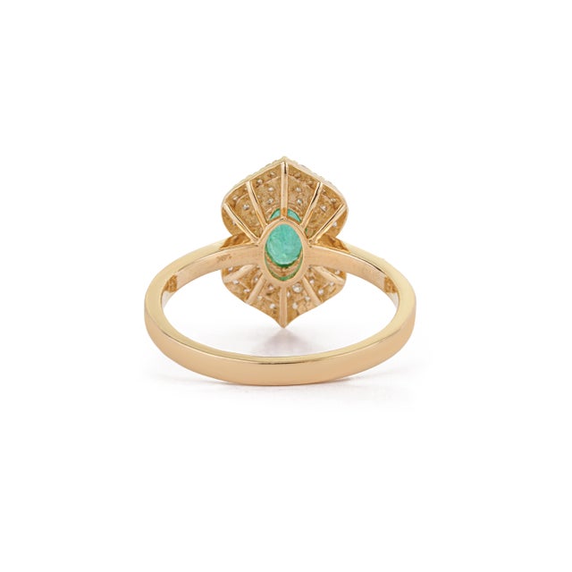 19th Revival Style Emerald Art Deco Ring With Cluster Diamonds Size 4 in 14k Gold For Sale - Image 9 of 17