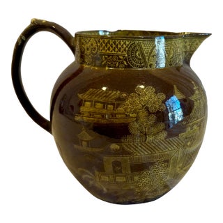 Early 19th Century Yellow Printed Brownware Staffordshire Chinoiserie Jug For Sale