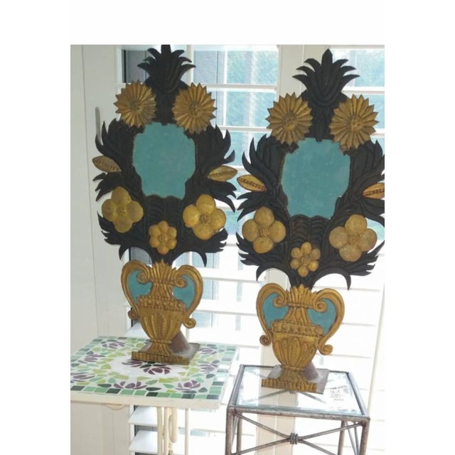 Stunning tall pair of French antique Art Deco metal tole altar flowers in beautiful and dramatic colors of turquoise and...