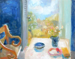 Indigo to Apricot. Contemporary English Interior Oil Painting by Alice Mumford, Framed