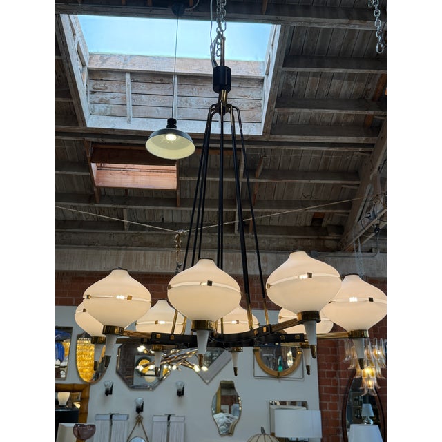 Stilnovo Opaline Glass Chandelier With Brass & Black Accents 1950's For Sale In Los Angeles - Image 6 of 8