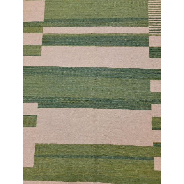 Modern Kilim Flaweave Wool Rug With Geometric Design in Green For Sale - Image 4 of 5