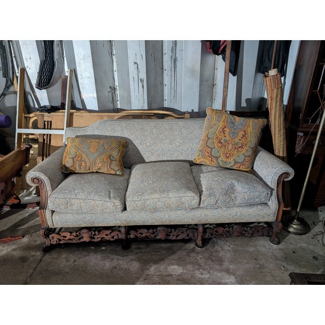 Textile Vintage Victorian Revival Carved Wood Sofa With Paisley Upholstery For Sale - Image 7 of 16