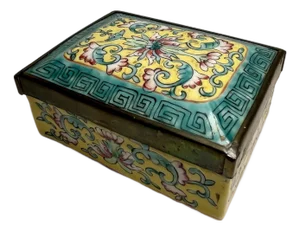 1940s Vintage Republic Period Chinese Hand Painted Copper Covered Porcelain Box
