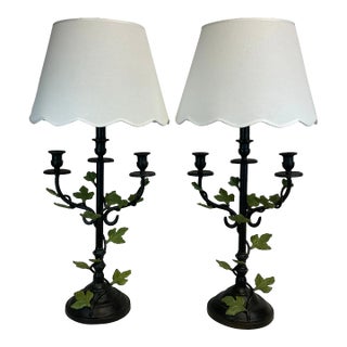 1985 Vintage Maitland-Smith French Bouillotte Style Cast Iron Table Lamp With Leaves - A Pair, Attributed, Artist Signed For Sale