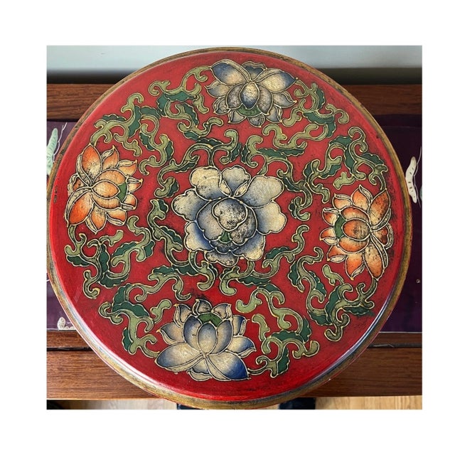 Antique Style Chinese Cinnabar Red Lacquer Lotus Flower Round Box 14x5" For Sale - Image 4 of 8
