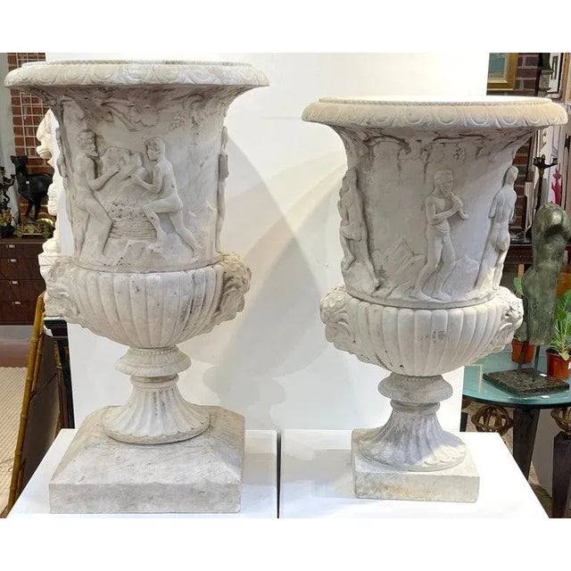 19th Century 19th C or Older Antique Italian Carved Marble Bacchanalian Garden Urns - a Pair For Sale - Image 5 of 12