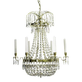 Empire Style Polished Brass 6 Arm Chandelier With Crystal Octagons For Sale