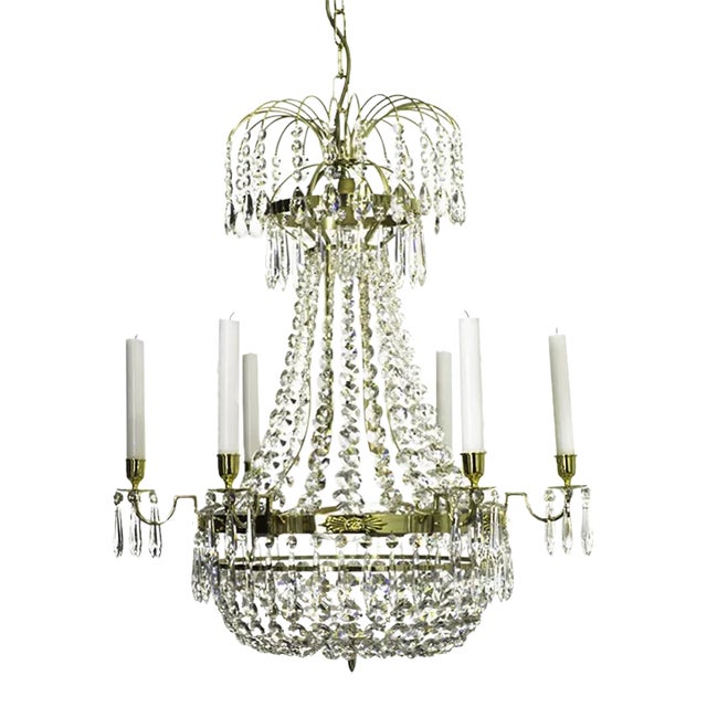 Empire Style Polished Brass 6 Arm Chandelier With Crystal Octagons For Sale