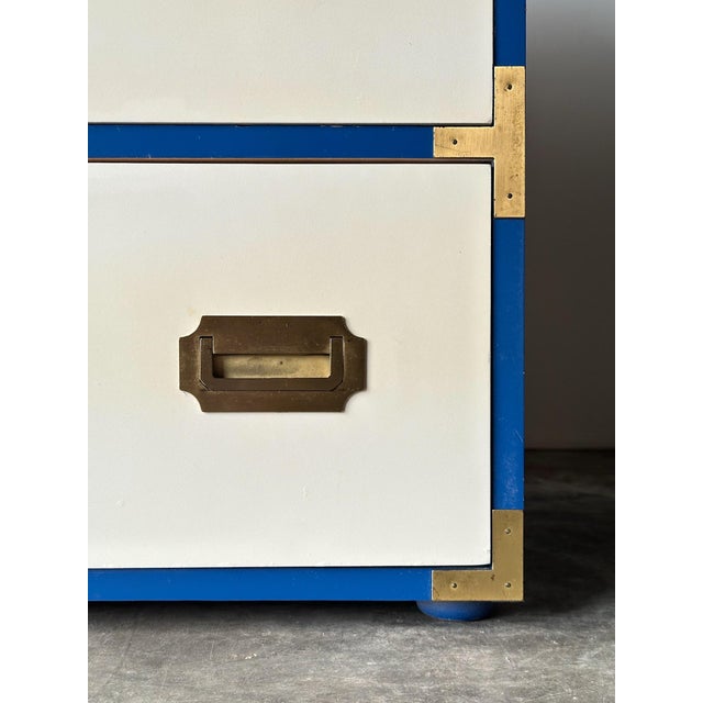 Blue & White Campaign Chest of Drawers With Brass Hardware, 1970s For Sale - Image 9 of 17