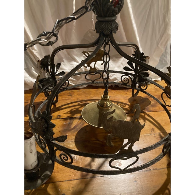 European French Country Iron Chandelier with Brass Animals, Early to Mid 20th