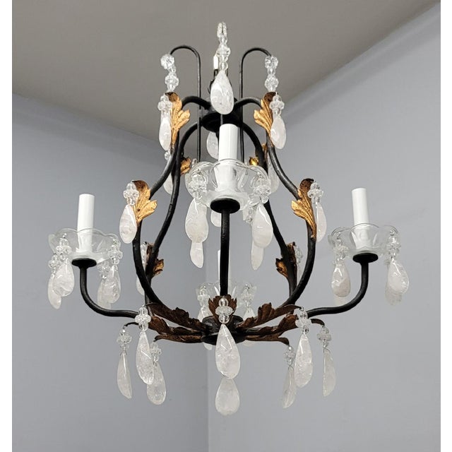 Made by Mario Lighting Inc Iron Chandelier With Rock Crystals. 4 Light Candelabra Sockets. Dark Brown Color Finish With...