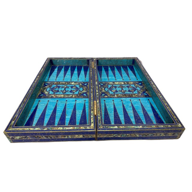 Mediterranean Handmade Wooden Backgammon & Chess Board Lapis, Turquoise & Mother of Pearl For Sale - Image 3 of 14