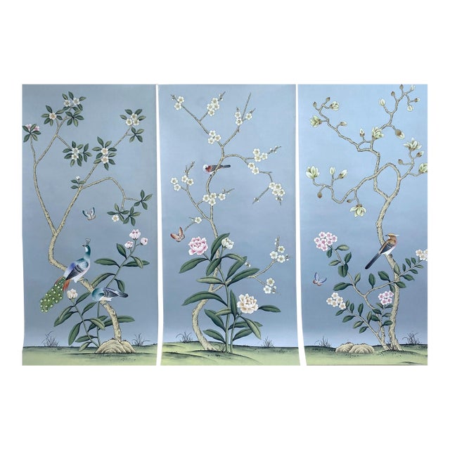 Hand Painted Soft Blue Chinoiserie Magnolia & Bird Mural 3-Panel Set For Sale