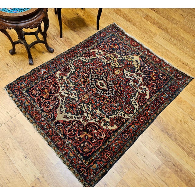 19th Century 19th Century Farahan Sarouk Rug, Hand-Knotted Wool, Floral Medallion Pattern, Ivory & Red, 4x5 For Sale - Image 5 of 15