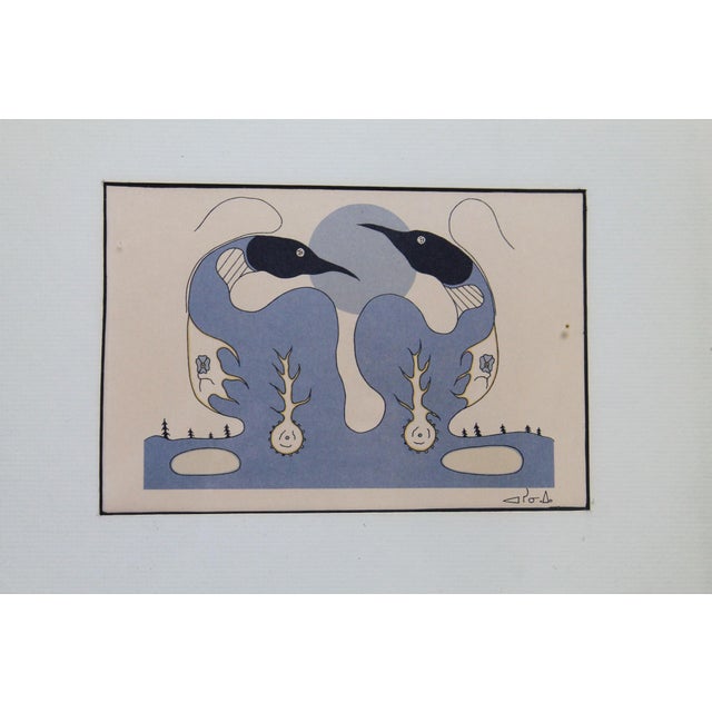 Vintage lithograph of loons by artist Christian Assiniwi. Some spots under glass. There doesn't appear to be any on the...