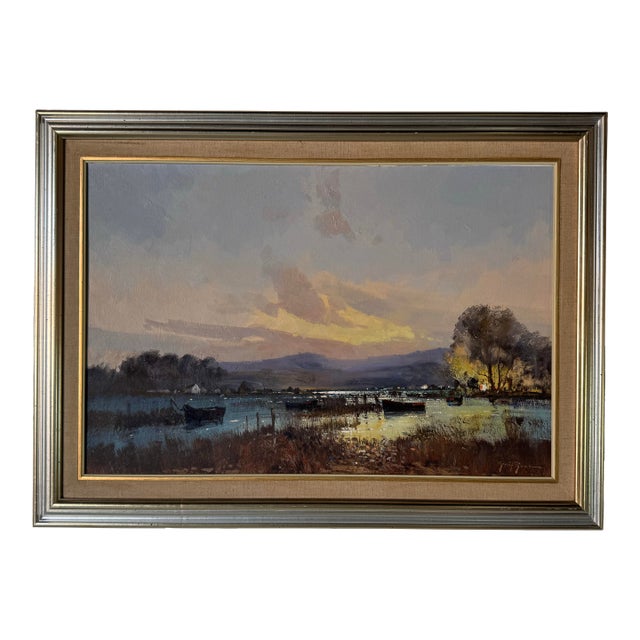 1980s Vintage Impressionist Sunset Lake Landscape Oil on Board Painting – Signed For Sale