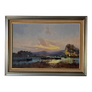 1980s Vintage Impressionist Sunset Lake Landscape Oil on Board Painting – Signed