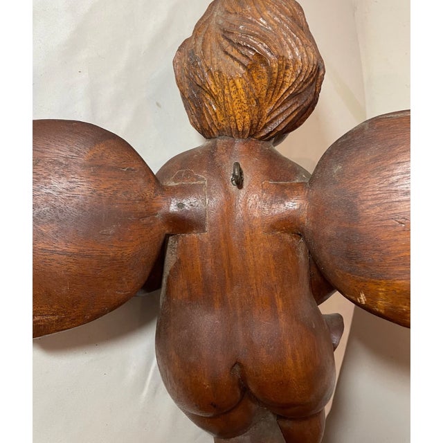 Antique 1800's Hand Carved Wood Religious Winged Cherub Cupid Sculpture Statue For Sale - Image 14 of 15