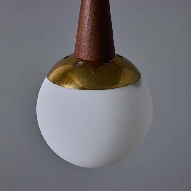 1950s Brass, Wood, and Opaline Glass Pendant Attributed to Stilnovo For Sale In Los Angeles - Image 6 of 12