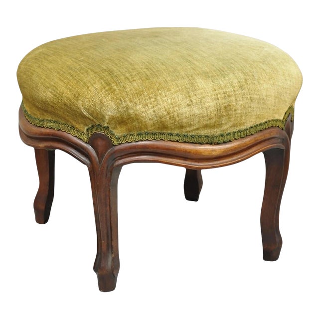 Antique Victorian Carved Mahogany Green Mohair Fabric Round Footstool Ottoman For Sale