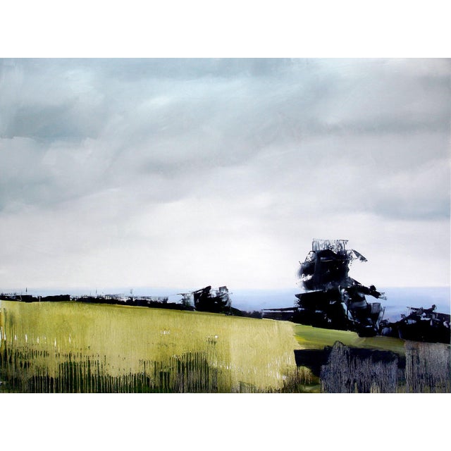 The artwork depicts a vast, open landscape under a moody sky, where sweeping strokes of green and black create a sense of...