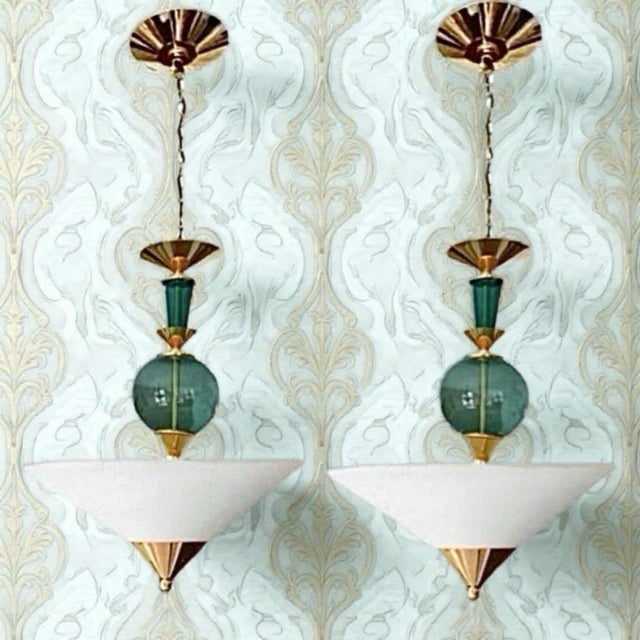 Pair Vintage Hivo Van Teal Mid Century Lucite Brass Elegant Hanging Pendants Pair of Exquisite and Elegant vintage Hivo...