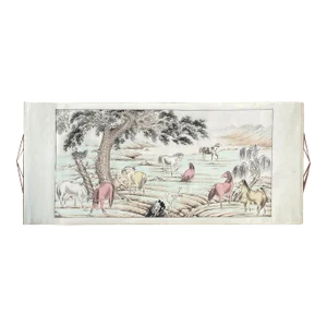 Chinese Color Ink Horizontal Horses Theme Scroll Painting Wall Art