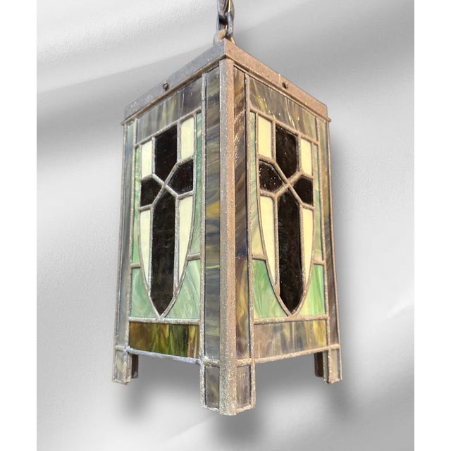 Black 1910s Arts and Crafts Leaded Glass Chandelier For Sale - Image 8 of 10