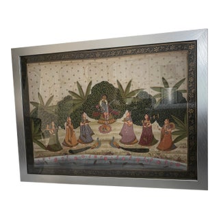 Framed Traditional Indian Krishna With Gopis Garden Tapestry – Silk (Pichwai/Kishangarh Style Inspired) For Sale