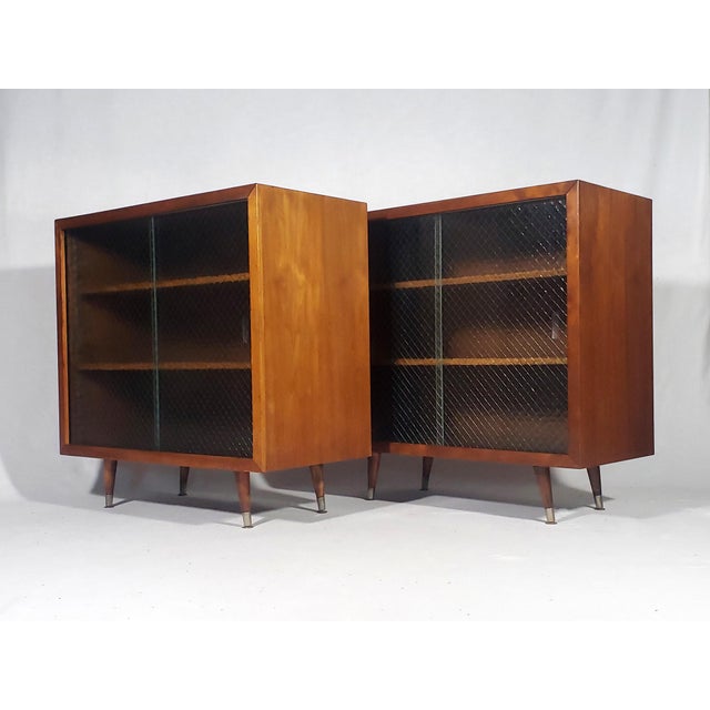 Pair of Vintage Original Mid-Century Modern Walnut Finish All Wood Display Cabinets With Adjustable Shelves and Sliding Wire Glass Doors For Sale - Image 10 of 18