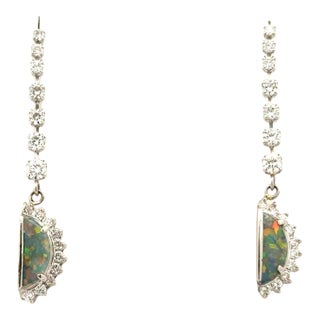 Australian Black Opal Diamond Platinum Drop Earrings, A Pair For Sale