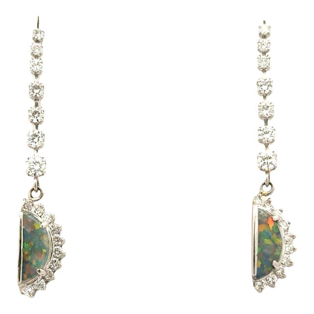 Australian Black Opal Diamond Platinum Drop Earrings, A Pair For Sale