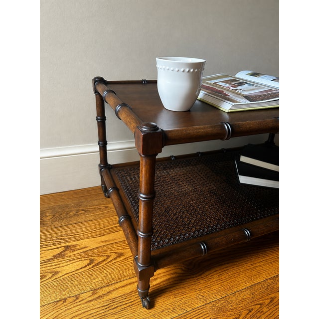 1950s Vintage Mid-Century Faux Bamboo Walnut Coffee Table With Cane Shelf & Casters For Sale - Image 5 of 16