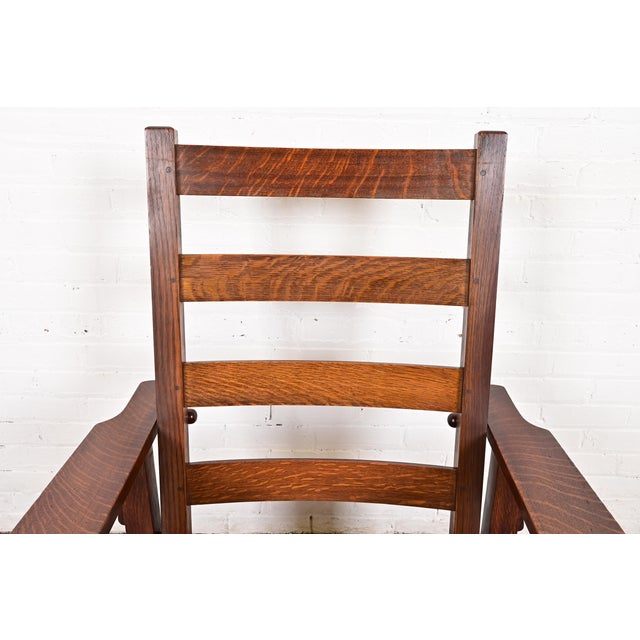 Charles Stickley Antique Mission Oak Arts & Crafts Reclining Morris Lounge Chair, Circa 1910 For Sale In South Bend - Image 6 of 13