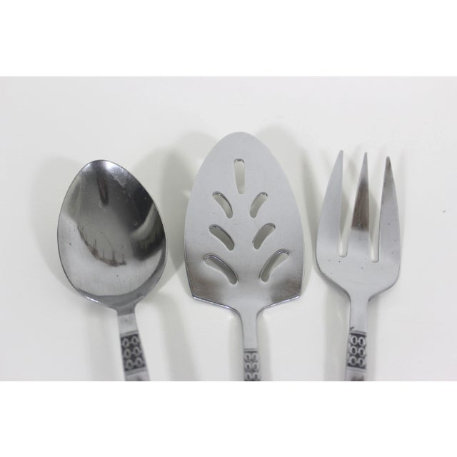 1960s 1960s Mid Century Modern Stainless Serving Set Spoon, Fork, Lifter, Set of Three Aztec Scroll For Sale - Image 5 of 10