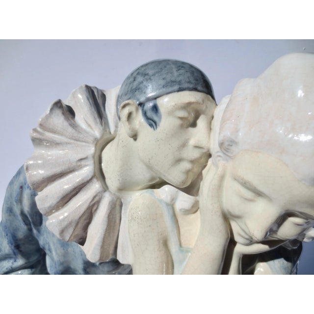 Glazed terra cotta of Pierrot and Pierette as lovers, soft pastel tones by Fanny Rozet and Marcel Guillard Etling Paris...