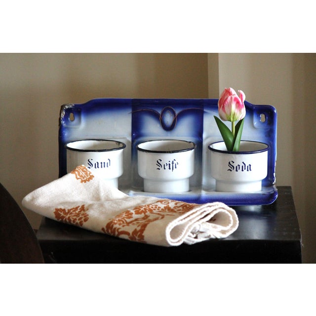 A hard-to-find enamelware laundry or kitchen scullery rack from Germany. Each pail specifically designated for a different...